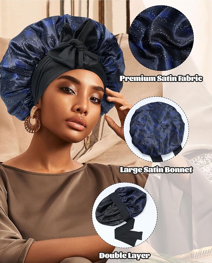 Satin Bonnet Silk Bonnet for Sleeping Silk Sleep Cap Double Layer Hair Bonnet with Elastic Tie Band for Curly Hair Night Cap(Nebula+Black)