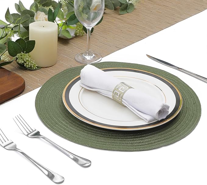 SHACOS Round Placemats Set of 6 Washable 15 inch Round Table Mats Cotton Polyester Woven Braided Place Mats for Dining Table (Olive Green, 6)