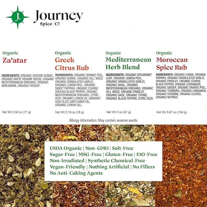 Organic Gourmet Mediterranean Spice and Seasoning Gift Set by Journey Spice Co. | Salt-Free | Sugar-Free | Non-GMO | All-Purpose | Use for Cooking and Baking Poultry, Vegetables, Meat, Rice, and More | 10.93 oz. (total)