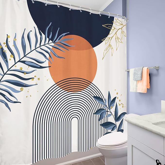 Navy Blue Boho Shower Curtain 72Wx72H Modern Abstract Bohemian Blue Gold Leaves Orange Minimalist Mid Century Plant Bathroom Decor Neutral Geometric Bath Curtain Fabric Polyester 12 Pack Hooks
