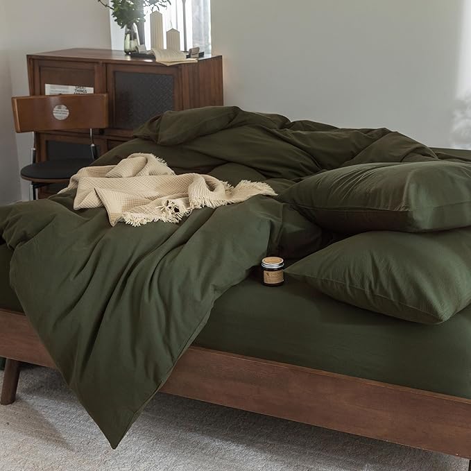 FOSSA Duvet Cover Set 100% Washed Cotton Linen Feel Super Soft Breathable Cozy 3 Pieces Bedding Sets Solid Olive Green Twin