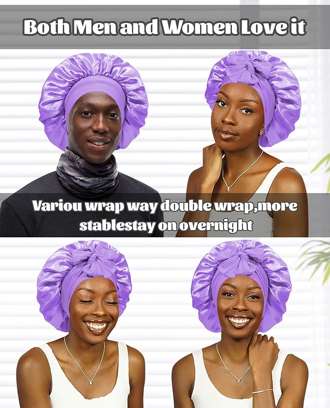Satin Bonnet Silk Bonnet for Sleeping Silk Sleep Cap Double Layer Hair Bonnet with Elastic Tie Band for Curly Hair Night Cap (Light Purple+Champagne)