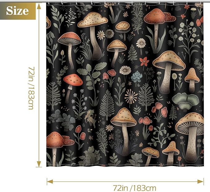 Aimego Mushroom Boho Shower Curtains - Vintage Floral Plants Retro Flowers Bohemian Fairy Nature Botanical Bath Shower Curtain Set with 12 Hooks for Adults Bathroom Decor Accessories, 72"x72" Black