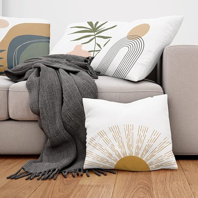 COMMINY Abstract Boho Pillow Covers 16x16 Set of 6 Decorative Sunset Leaves Throw Pillow Cover for Couch Minimalist Modern Pillow Case for Living Room Sofa Home Decor