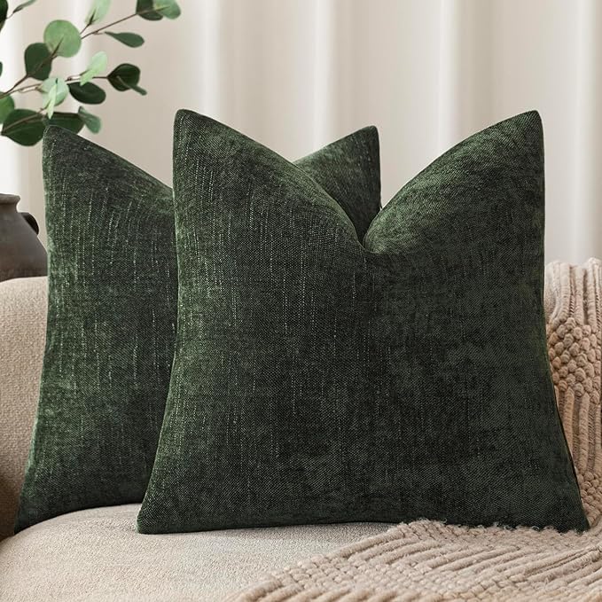 Foindtower Pack of 2 Soft Textured Chenille Throw Decorative Pillow Covers Square Accent Solid Cushion Cover Neutral Farmhouse Pillow Case for Couch Sofa Bedroom Living Room 16x16 Inch,Dark Green