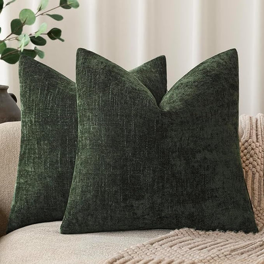 Foindtower Pack of 2 Soft Textured Chenille Throw Decorative Pillow Covers Square Accent Solid Cushion Cover Neutral Farmhouse Pillow Case for Couch Sofa Bedroom Living Room 24x24 Inch,Dark Green