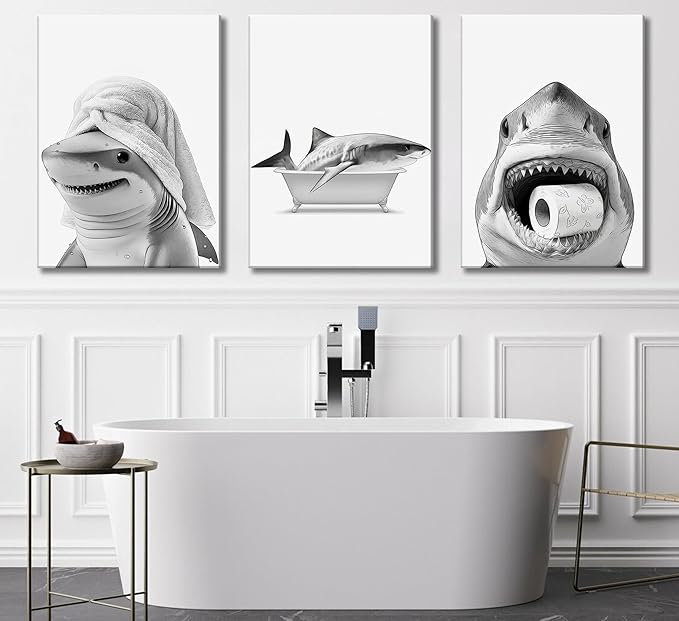 3pcs Black And White Shark Bathroom Canvas wall art Funny ocean Animal bathtub Paintings Pictures Wall Decor Modern Poster Printing Artwork for Restroom Toilet Home Decoration