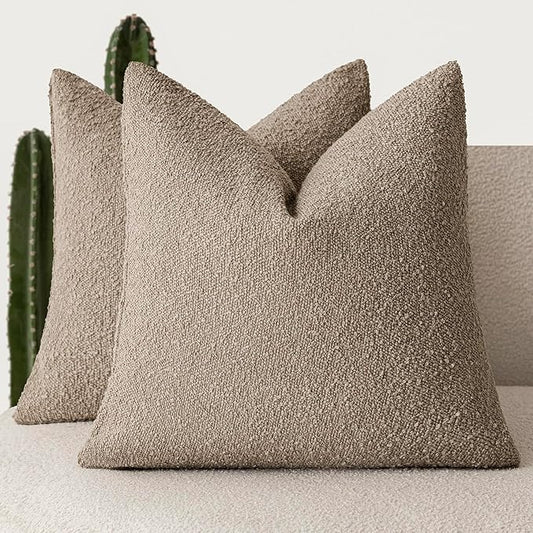 Foindtower Pack of 2 Textured Boucle Throw Pillow Covers Neutral Accent Solid Decorative Pillow Cases Cozy Woven Couch Cushion Case for Sofa Bedroom Living Room Home Decor 20x20 Inch Light Khaki Tan
