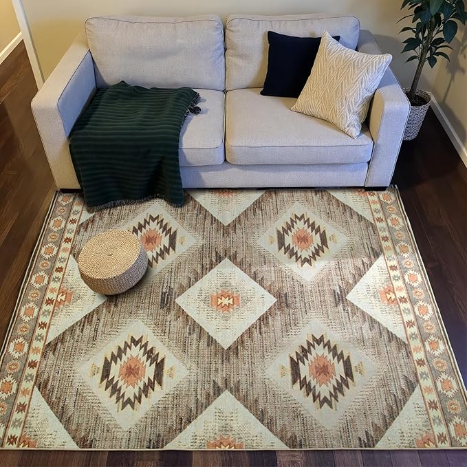 Area Rug 6x6 Rug Machine Washable Non-Slip Low Pile Print Pattern Western Rug for Living Room Bedroom Entryway Tribal Series -Cream/Camel