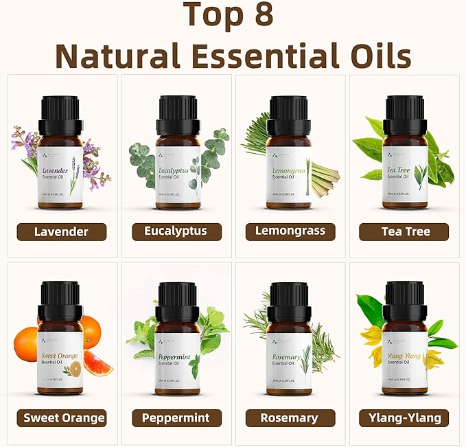 ASAKUKI Essential Oil Diffuser, Aromatherapy Cool Mist Home Humidifier with 7 LED Color Changing Light and Auto-Off Safety Switch, 8 Essential Oils Set, 300ml (Brown with Oils)