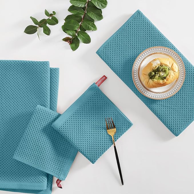 Homaxy 100% Cotton Kitchen Towels and Dishcloths Set, 12 x 12 Inches and 13 x 28 Inches, Set of 8 Bulk Kitchen Towels Set, Ultra Soft Absorbent Dish Cloths for Washing Dishes, Lake Blue