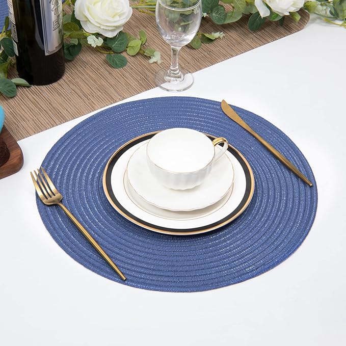 SHACOS Round Placemats Set of 6 Washable 15 inch Round Table Mats Cotton Polyester Woven Braided Place Mats for Dining Table (Sail Blue, 6)