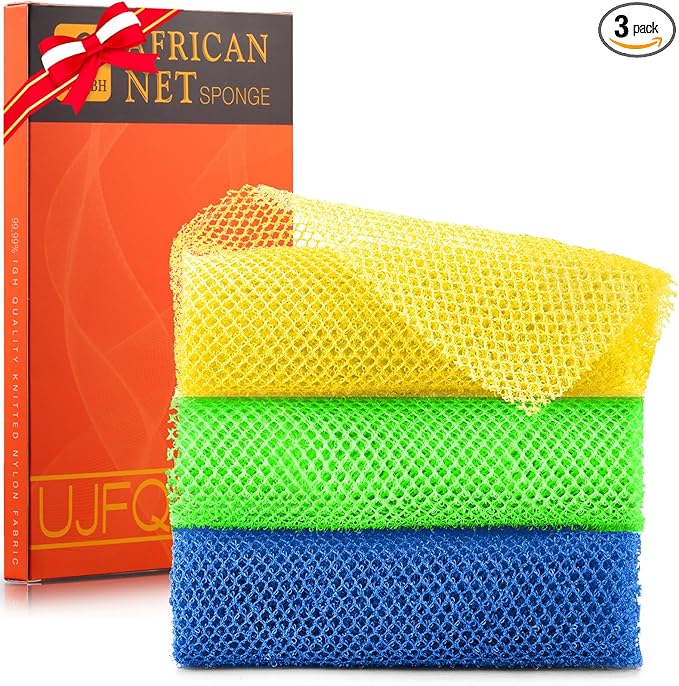 UJFQBH 3 Pieces African exfoliating net African Net Long Net Bath Sponge Exfoliating Shower Body Scrubber Back Scrubber Skin Smoother,Great for Daily Use (Yellow, Green, Blue)