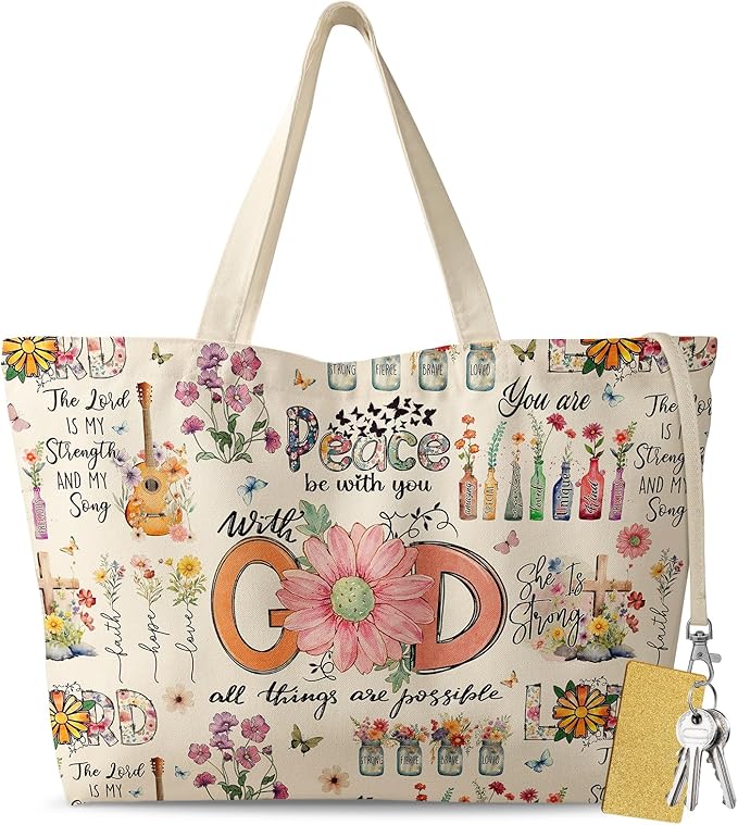 Large Tote Bag for Women - Aesthetic Cute Big Canvas Bags with Zipper Cotton Shoulder Bag for Gym, Travel, Work