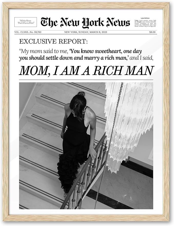 EcoHest Small Trendy Newspaper Framed Wall Art, 8x10 in OAK Wood Mom I Am a Rich Man Canvas Art, Magazine Girly Poster College Dorm Decor, Beige Logs Set of 1 for Bedroom Living Room