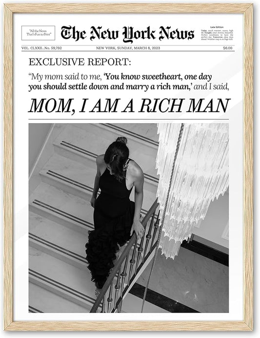 EcoHest Small Trendy Newspaper Framed Wall Art, 8x10 in OAK Wood Mom I Am a Rich Man Canvas Art, Magazine Girly Poster College Dorm Decor, Beige Logs Set of 1 for Bedroom Living Room