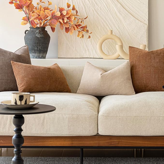 Foindtower Pack of 2 Soft Textured Chenille Throw Decorative Pillow Covers Lumbar Accent Solid Cushion Cover Cozy Neutral Farmhouse Pillow Case for Couch Sofa Bedroom Living Room 12x24 Inch, Beige