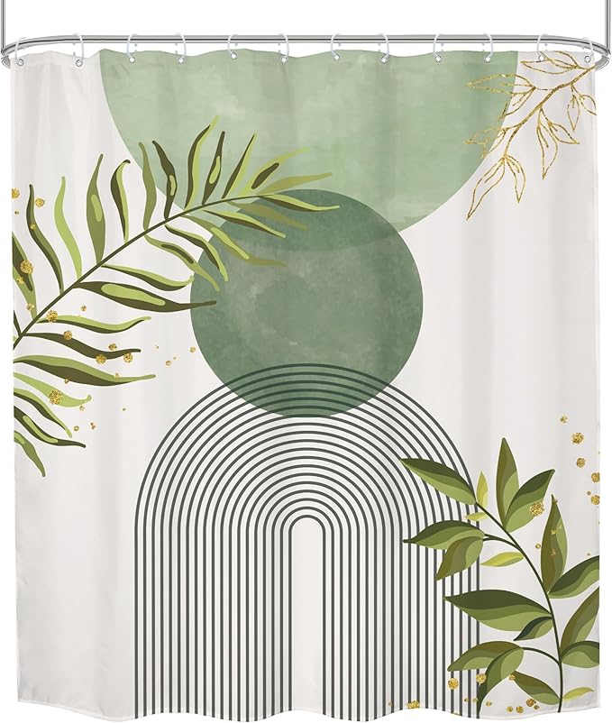 Sage Green Boho Shower Curtain 60Wx72H Modern Bohemian Abstract Leaves Olive Dark Green Mid Century Plant Bathroom Decor Minimalist Geometric Arch Bath Curtain Fabric Polyester 12 Pack Hooks
