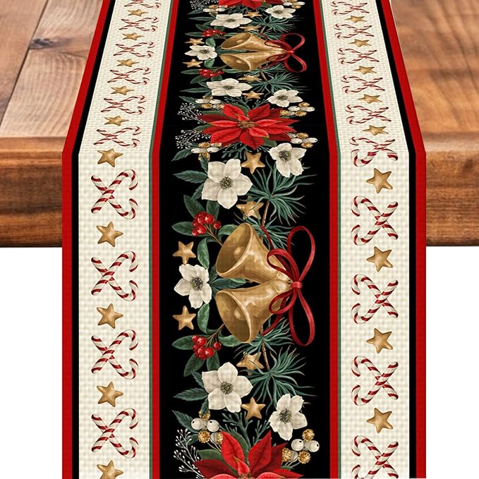 Christmas Bells Table Runner Burlap Kitchen Dining Linen Table Decoration for Indoor Outdoor Home Party Dinner 13x72 Inch