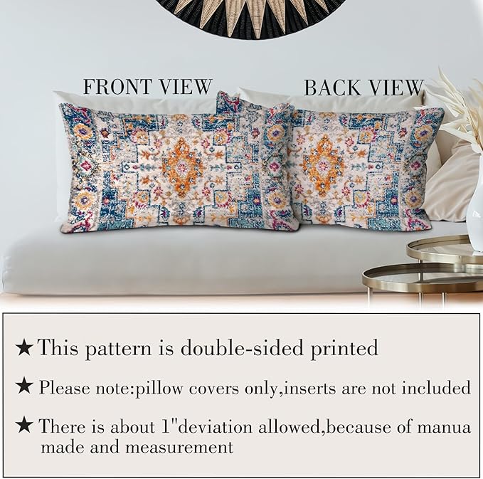 Boho Throw Pillow Covers 12x20 inch Set of 2,Boho Vintage Carpet Pattern Antique Ethnic Decor Double Sided Pattern Cushion Cover Soft Pillow Case Living Sofa Room Bed Square Pillow Cover