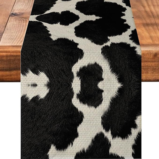 Cow Print Black Table Runner Kitchen Dining Linen Table Decoration for Indoor Outdoor Home Party Dinner 13x72 Inch