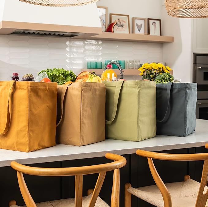 VeraMia Canvas Grocery Bag 3pc XL Set with Real Pockets, Long Shoulder Strap and Short Handle. Heavy Duty, Foldable, Washable