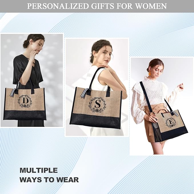 BeeGreen Embroidery Monogram Initial Tote Bag for Women Teacher Mom Friend Personalized Gift for Birthday Beach Work Wedding