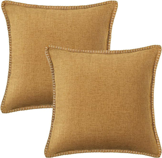 decorUhome Decorative Outdoor Throw Pillow Covers 24x24 Set of 2, Square Linen Rustic Neutral Farmhouse Euro Pillow Covers with Stitched Edge for Couch, Sofa, Living Room, Bronze Gold