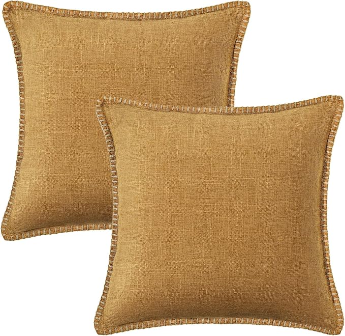 decorUhome Decorative Outdoor Throw Pillow Covers 26x26 Set of 2, Square Linen Rustic Neutral Farmhouse Euro Pillow Covers with Stitched Edge for Couch, Sofa, Living Room, Bronze Gold