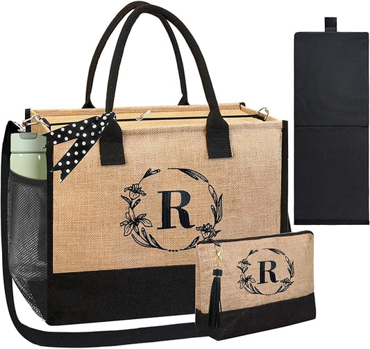 BeeGreen Embroidery Monogram Initial Tote Bag for Women Teacher Mom Friend Personalized Gift for Birthday Beach Work Wedding