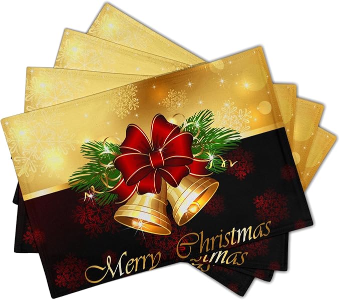 Giwawa Merry Christmas Placemats Set of 4, Winter Snowflakes Xmas Jingle Bell Red Bow Table Place Mats for Kitchen Dining Holiday Party Decor, Heat Resistant Non-Slip Washable, 12x18 Inch