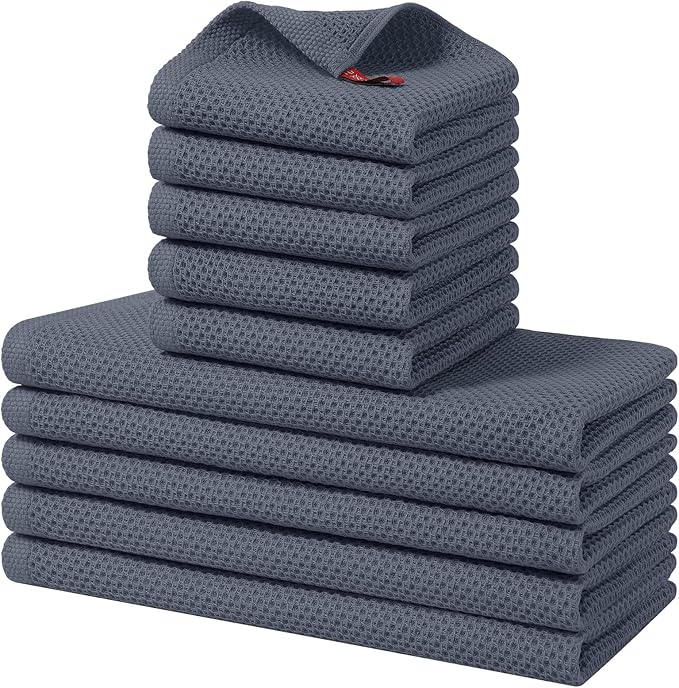 Homaxy 100% Cotton Kitchen Towels and Dishcloths Set, 12 x 12 Inches and 13 x 28 Inches, Set of 10 Bulk Kitchen Towels Set, Ultra Soft Absorbent Dish Cloths for Washing Dishes, Dark Grey