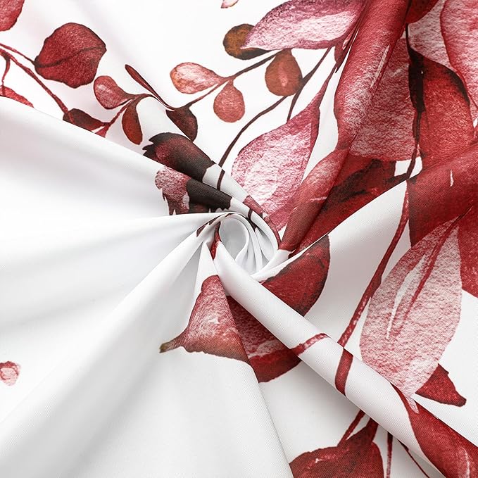 Gibelle Long Shower Curtain 72 x 78, Tall Burgundy Red Floral Shower Curtain for Bathroom, Watercolor Plant Eucalyptus Leaves Fabric Shower Curtain Set with Hooks