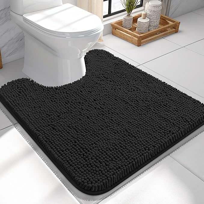 OLANLY Toilet Rugs U-Shaped 24x24, Extra Soft Absorbent Chenille Contour Bathroom Rugs for Toilet, Dry Quickly, Machine Washable, Non-Slip Bath Mat, Black