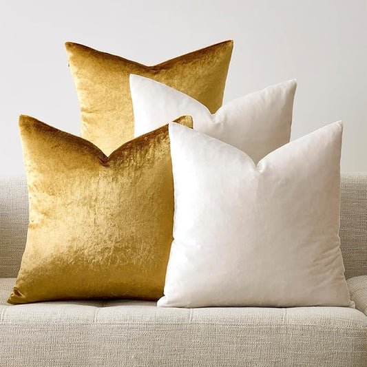 GIGIZAZA Velvet Pillow Covers 16x16,Ivory Gold Soft Throw Pillow Covers Set of 4 Square Decorative Modern Pillows Covers for Living Room
