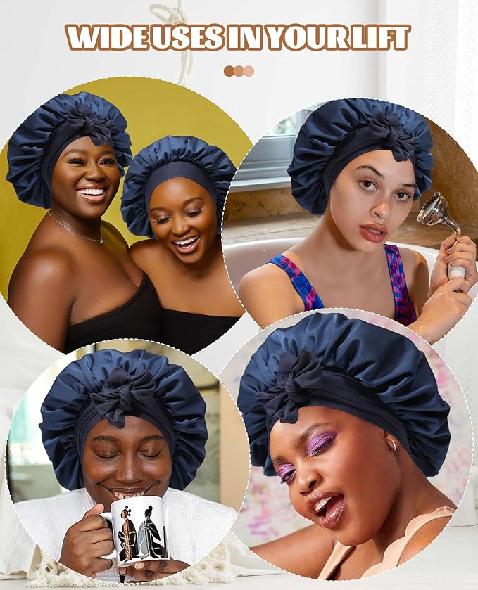 Satin Bonnet Silk Bonnet for Sleeping Silk Sleep Cap Double Layer Hair Bonnet with Elastic Tie Band for Curly Hair Night Cap (Navy Blue + Light Blue)