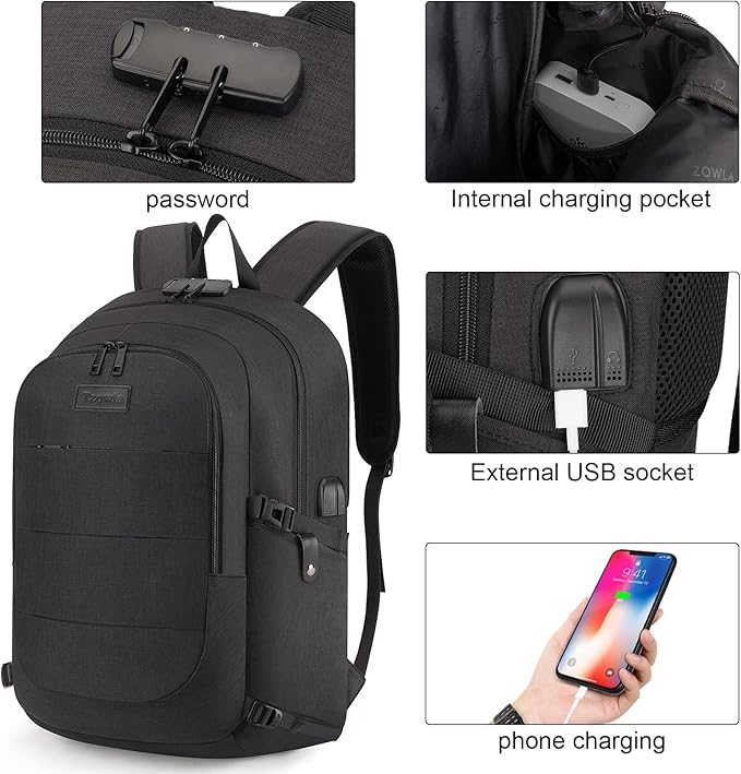 Tzowla Anti-Theft Water Resistant 17.3 Inch Laptop Backpack with USB Charging Port and Lock, Black