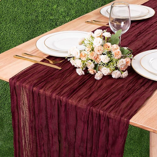 13.3FT Long Cheesecloth Table Runner Boho Table Runner Burgundy Vintage Rustic Gauze Wedding Dining Table Decorations for Holiday Birthday Party Baby Shower Event Decorations