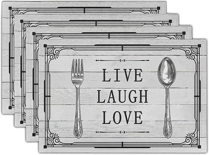Giwawa Live Laugh Love Placemats Set of 4 Knife Fork Spoon Vintage Style Decorative Linen Table Place Mat Washable Heat Resistant Non Slip for Dining Kitchen Party Holiday 12"x18"