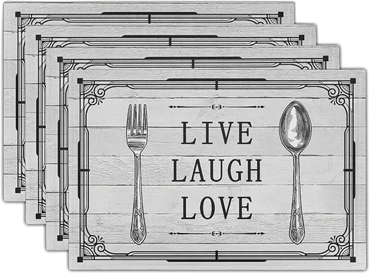 Giwawa Live Laugh Love Placemats Set of 4 Knife Fork Spoon Vintage Style Decorative Linen Table Place Mat Washable Heat Resistant Non Slip for Dining Kitchen Party Holiday 12"x18"