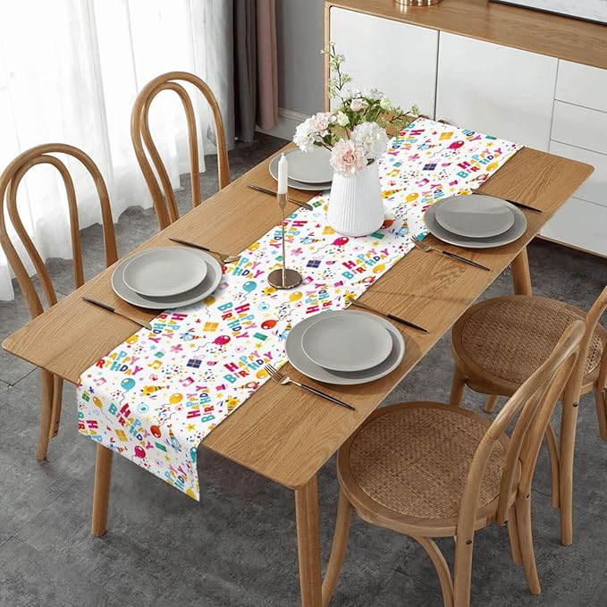 Happy Birthday Table Runner Seasonal Spring Fall Kitchen Dining Linen Table Decoration for Indoor Outdoor Home Party Dinner 13x72 Inch