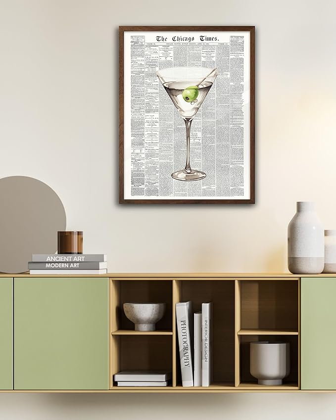EcoHest Trendy Newspaper Martini Framed Wall Art, 12x16 in Walnut Color OAK Wood Retro Bar Cart Canvas Art, Magazine Aesthetic Apartment Art, Funky 70's Set of 1 for Bedroom Living Room