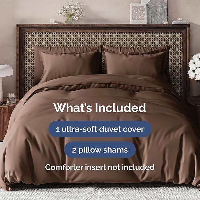 Duvet Cover Queen Size Set - Extra Soft Queen Size Duvet Cover 90 x 90 with 2 Pillow Shams - Hotel Luxury, Easy Care and Fade Free with Zipper Closures & Ties - Comfy, Breathable Bedding Set (Brown)
