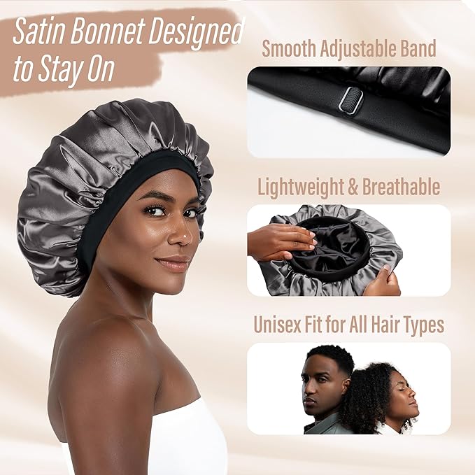 Satin Bonnet Adjustable Sleeping Silk Bonnet Black Women Men Double Layer Satin Silk Sleep Cap Hair Wrap Large Curly Hair