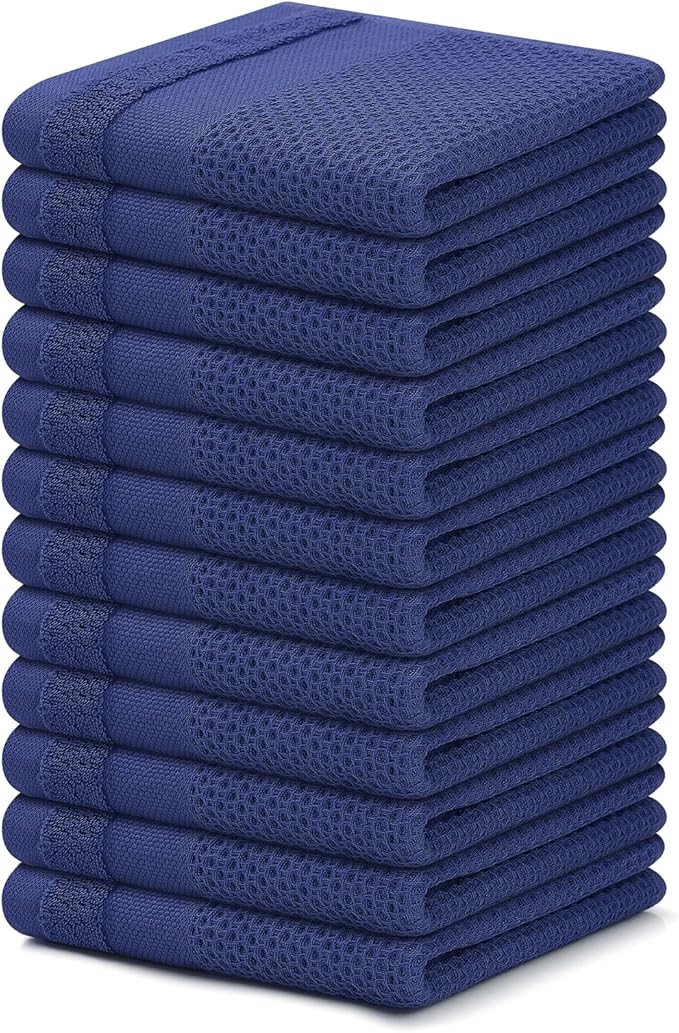 Homaxy 100% Cotton Dish Cloths, 12 Pack - 12 x 12 Inches, Waffle Weave Super Soft and Absorbent Dish Towels Quick Drying Dishcloths, Navy Blue