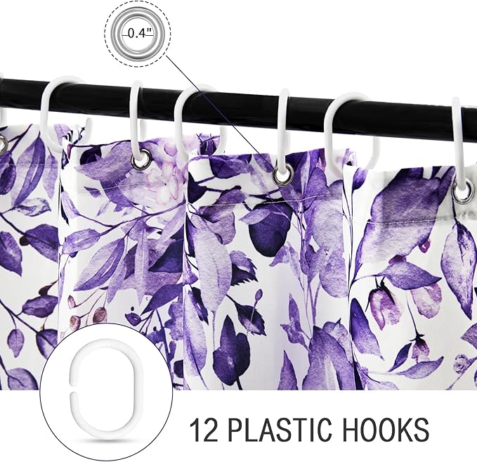 Gibelle Small Stall Shower Curtain 36 x 72, Narrow Purple Floral Shower Curtain for Bathroom, Watercolor Plant Eucalyptus Leaves Fabric Shower Curtain Set with Hooks