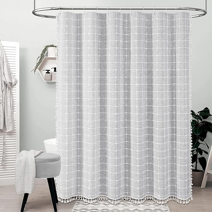 BTTN Boho Shower Stall Curtain - 48x72 Narrow Linen Ultra Thick Tassel Fabric Shower Curtain Set with 8 Plastic Hooks, Half Camper RV Modern Farmhouse Country Shower Curtains for Bathroom, Grey/Gray