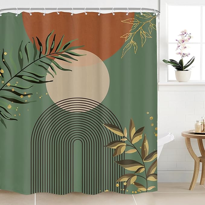 Boho Dark Green Shower Curtain 60Wx72H Abstract Bohemian Mid Century Minimalist Teal Gold Leaf Arch Geometric Plant Neutral Bathroom Decor Botany Bath Curtain Fabric Polyester 12 Pack Hooks