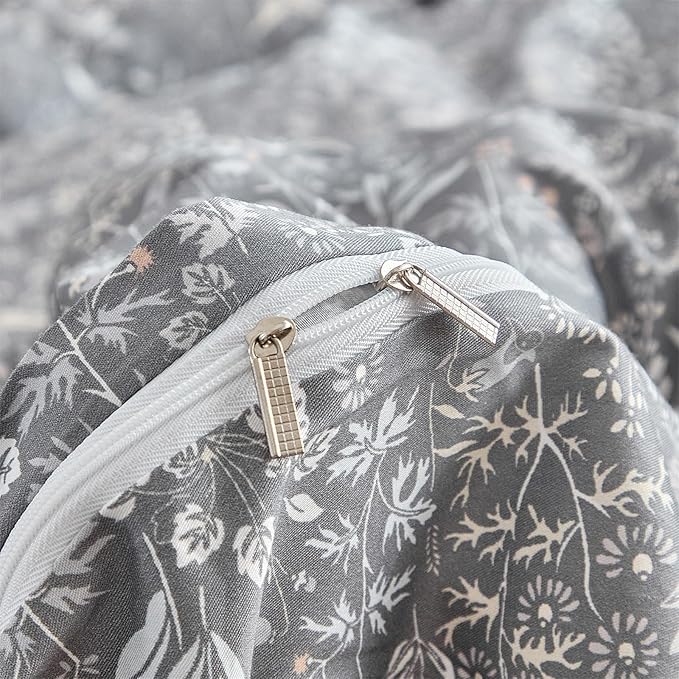 mixinni 3 Pieces Duvet Covers Queen Size, 100% Cotton Comforter Cover Wildflower Printed on Grey Floral Bedding Set with Zipper Closure 4 Ties (1 Duvet Cover 90"x90", 2 Pillow Cases 20"x26")