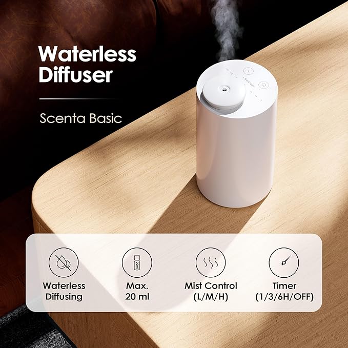 Waterless Diffuser for Essential Oil, Battery Operated Nebulizer, 0.7 Fl.Oz./ 20mL Capacity, Mini Scent Air Machine, 3 Countdown Timers & 3 Mist Levels for Home, Room, Car, Office - AN6 Cold Grey